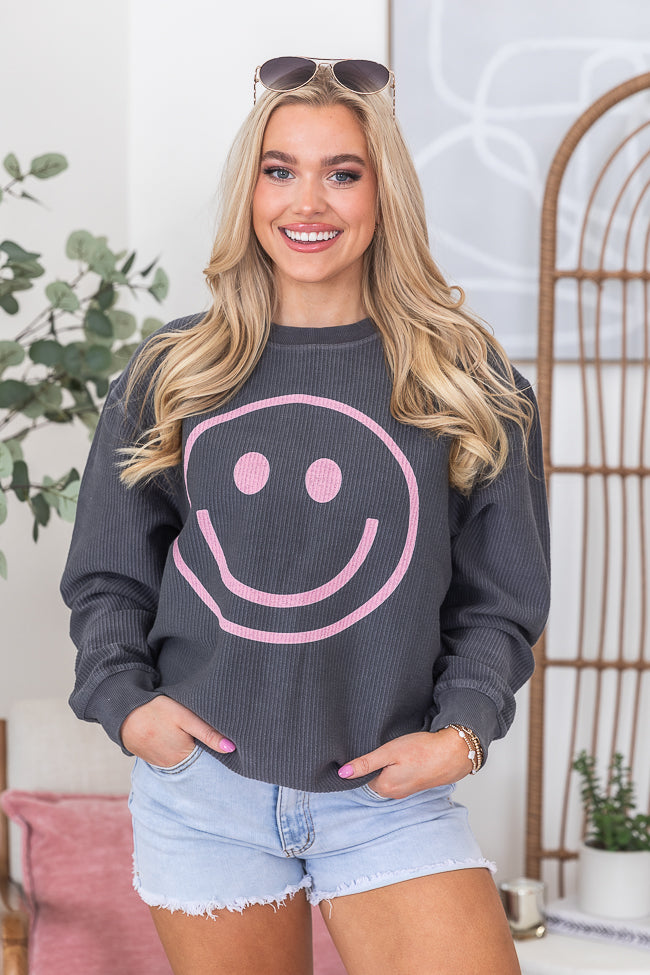 Pink Smiley Charcoal Corded Graphic Sweatshirt Outlet Locations For Sale