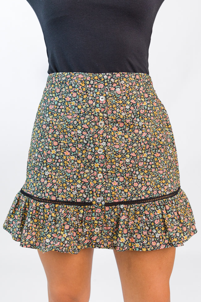 What's The Tea Black Button Front Floral Mini Skort FINAL SALE