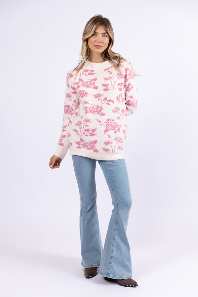 Feeling Like Love Ivory and Pink Floral Crew Neck Sweater SALE For Sale Online