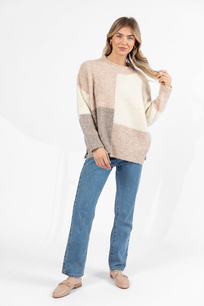 All On You Beige Multi Fuzzy Colorblock Mock Neck Sweater Cheap With Mastercard