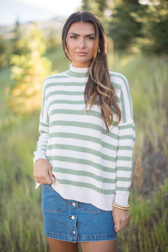 Keep On Shining Olive And Cream Striped Turtleneck Sweater Discount Sale Online