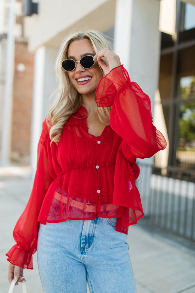 Breathe Deeper Red Sheer Ruched Blouse FINAL SALE With Credit Card Cheap Online