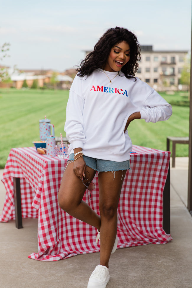 America Multi Embroidery White Oversized Graphic Sweatshirt FINAL SALE Clearance Fake