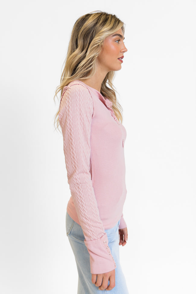 All The Better Light Pink Cable Knit Sleeve Knit Henley Top FINAL SALE Sale Outlet