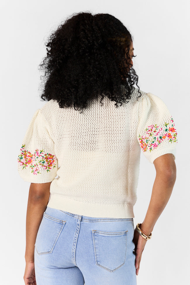 Come To The Garden Beige Multi Open Knit Floral Embroidered Short Sleeve Sweater Free Shipping Official