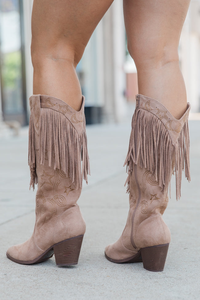 Fancy Suede Warm Taupe Fringe and Stars Boots Comfortable