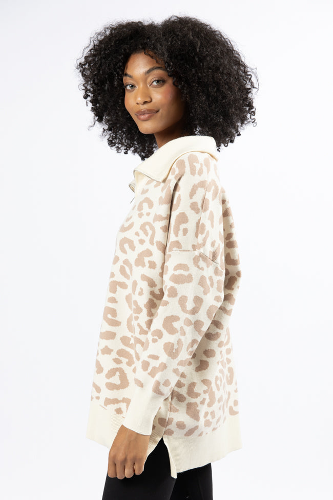 Pulling Heartstrings Tan And Cream Leopard Quarter Zip Pullover SALE Best Place Online