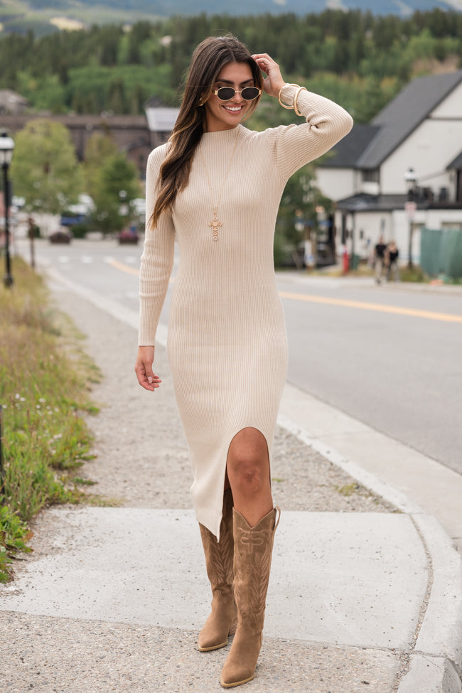 Next In Line Taupe Split Leg Mock Neck Midi Dress FINAL SALE Buy Cheap Classic