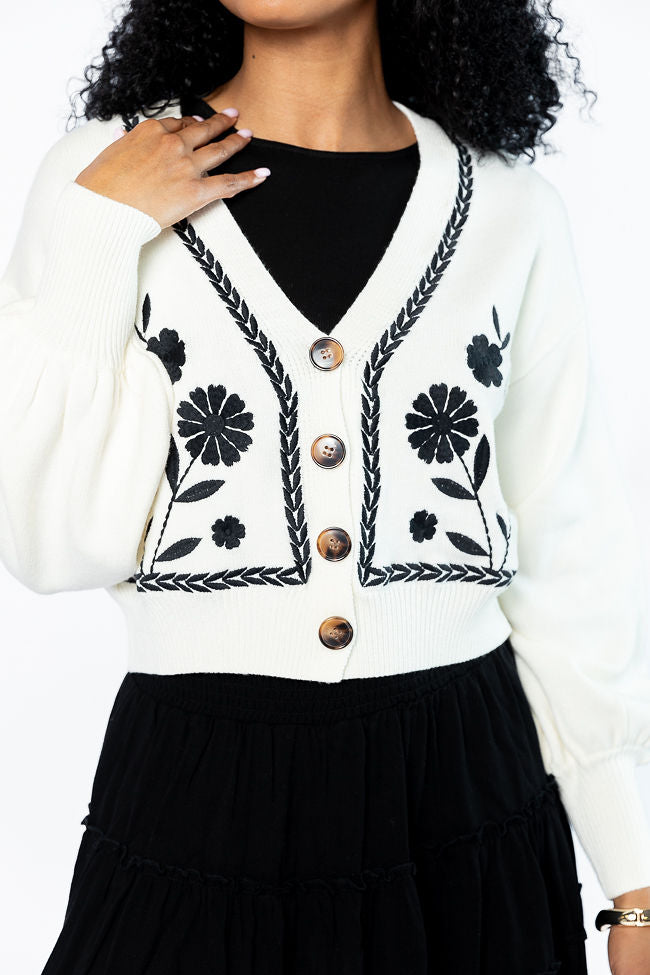 Bloom With Grace Ivory and Black Floral Embroidered Cardigan Cheap Very Cheap