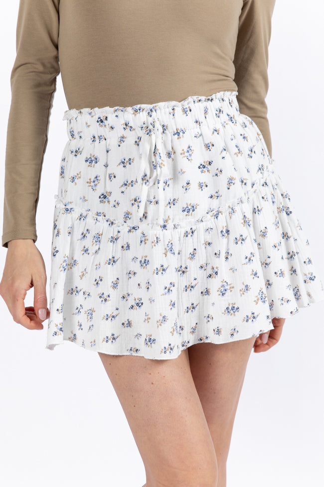 Garden Party Ivory and Blue Floral Print Gauze Skort Cheap Sale Excellent