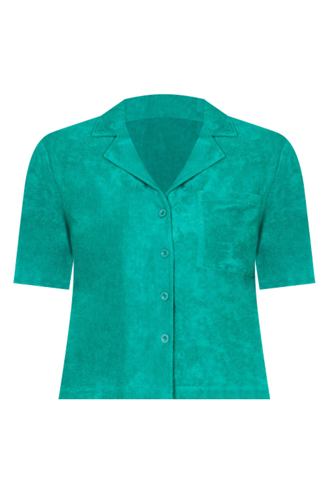 Girls Just Wanna Have Fun Teal Button Up Terry Lounge Top FINAL SALE Inexpensive Sale Online