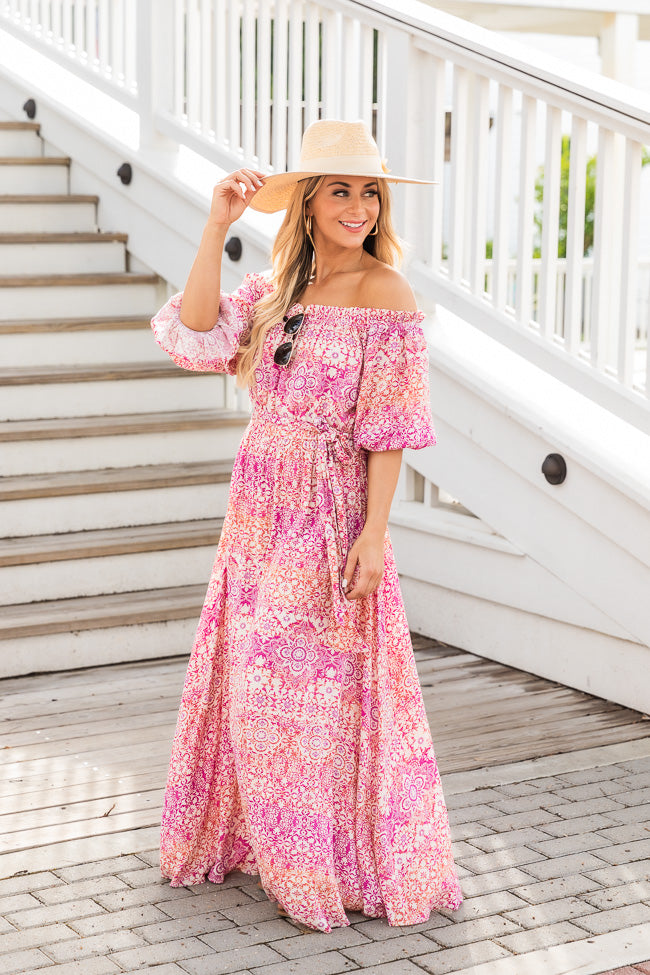 Dynamic Love Pink Printed Off The Shoulder Maxi Dress FINAL SALE Clearance For Cheap