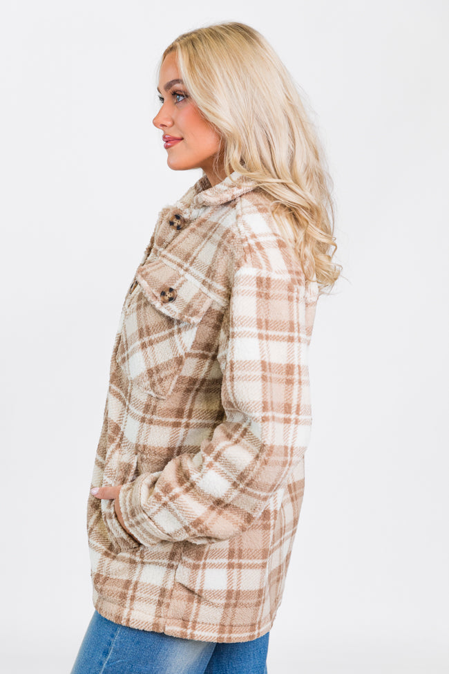 Through The Leaves Khaki Sherpa Plaid Shacket SALE 2025 Unisex Online