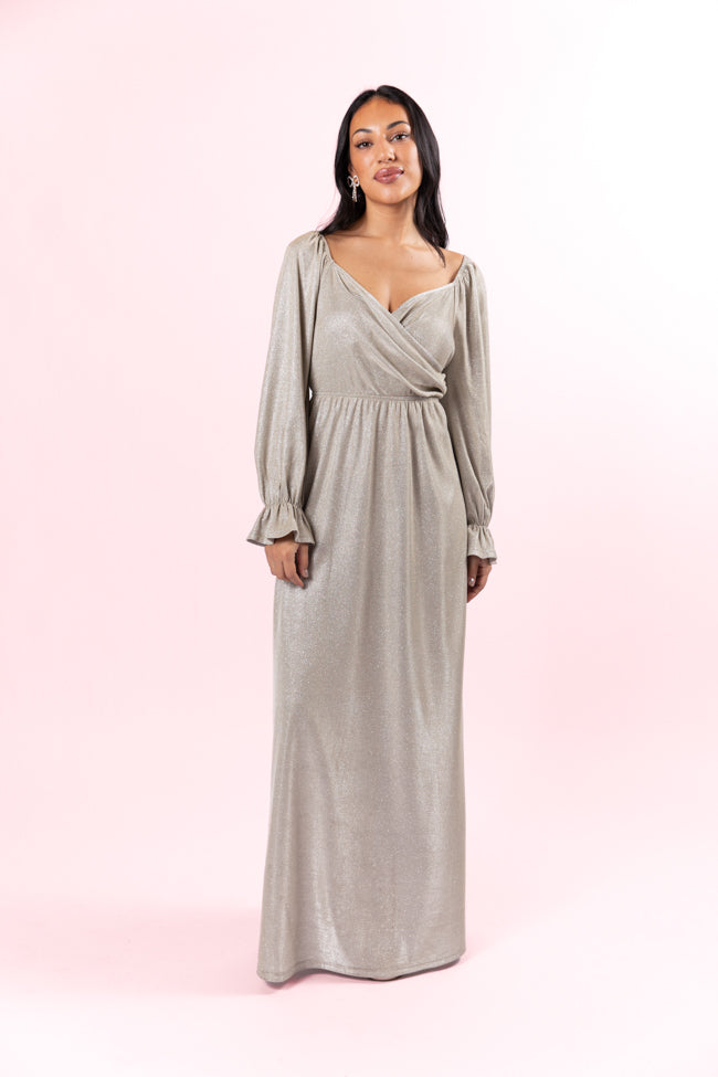 Holiday Magic Silver Shimmer Rouched Maxi Dress SALE Cheap Pice Low Shipping Fee