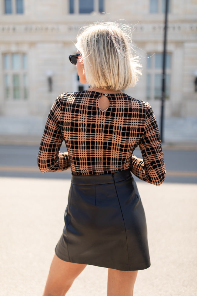 Patiently Waiting Brown and Black Velvet Plaid Print Bodysuit FINAL SALE Store Online