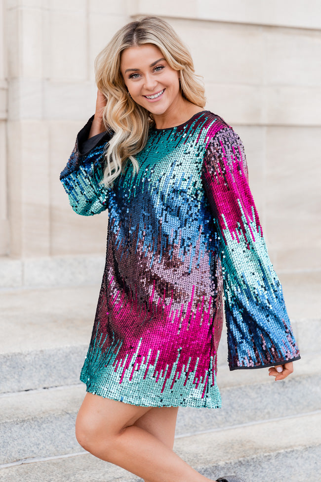 Nothing Left To Say Multi Color Sequin Bell Sleeve Mini Dress FINAL SALE Sale 100% Original