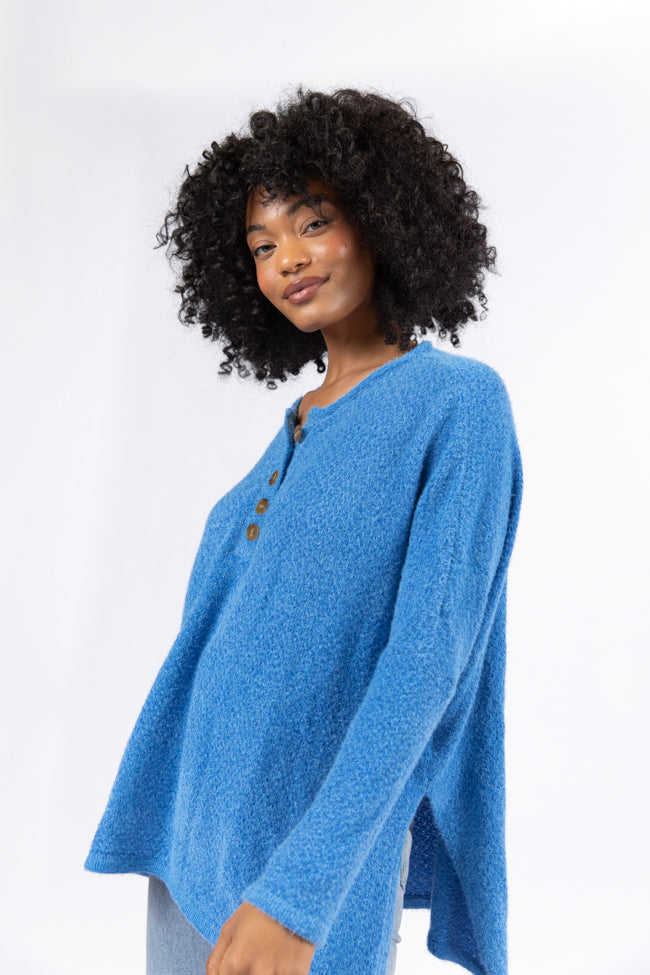 Thinking Of You Blue Fuzzy Henley Blouse SALE Cheap Pice Wholesale