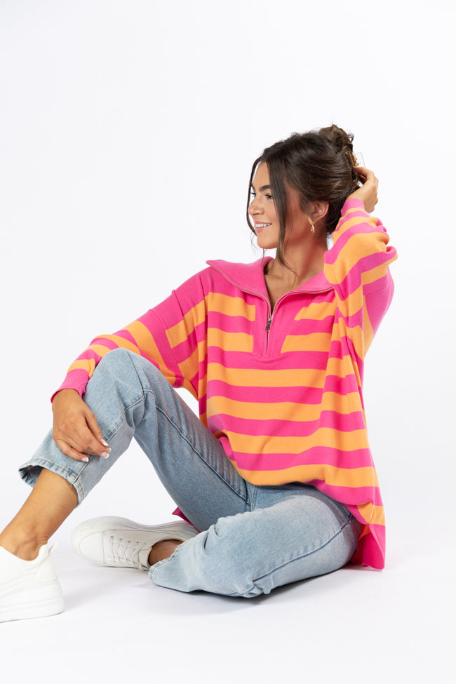 Pulling Heartstrings Pink And Orange Striped Quarter Zip Pullover SALE Many Kinds Of Sale Online