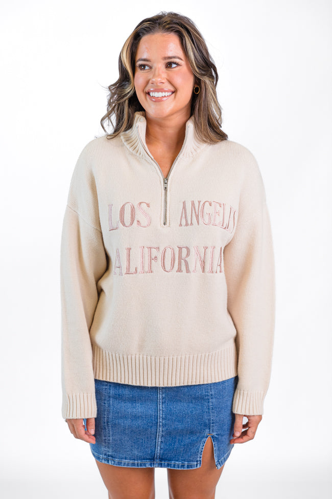 Roll With It Beige Los Angeles Embroidered Quarter Zip Sweater FINAL SALE Fashionable For Sale