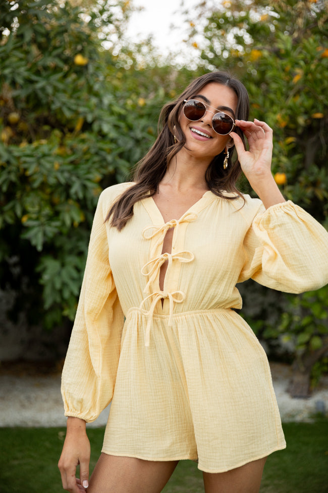 Endless Sunshine Yellow Tie Front Long Sleeve Romper 2025 New For Sale