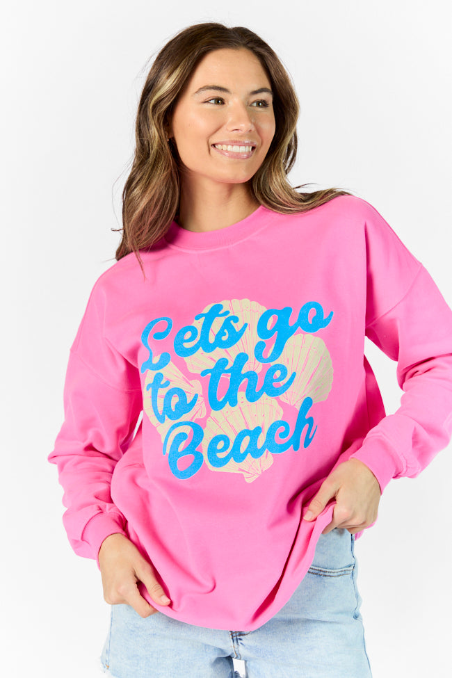 Let's Go To The Beach Pink Oversized Graphic Sweatshirt