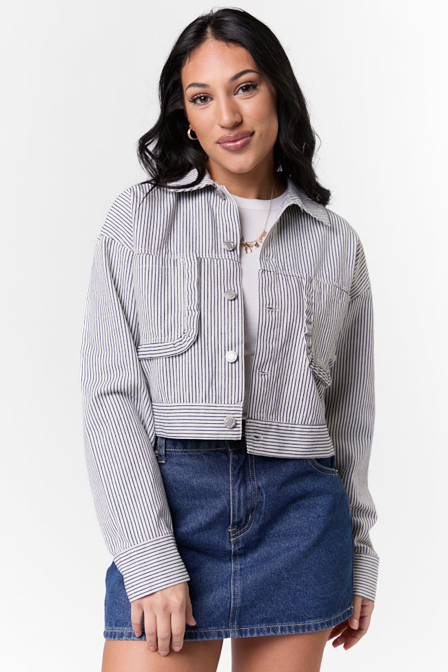 Say It Again Navy Striped Denim Jacket Cheap Sale Really