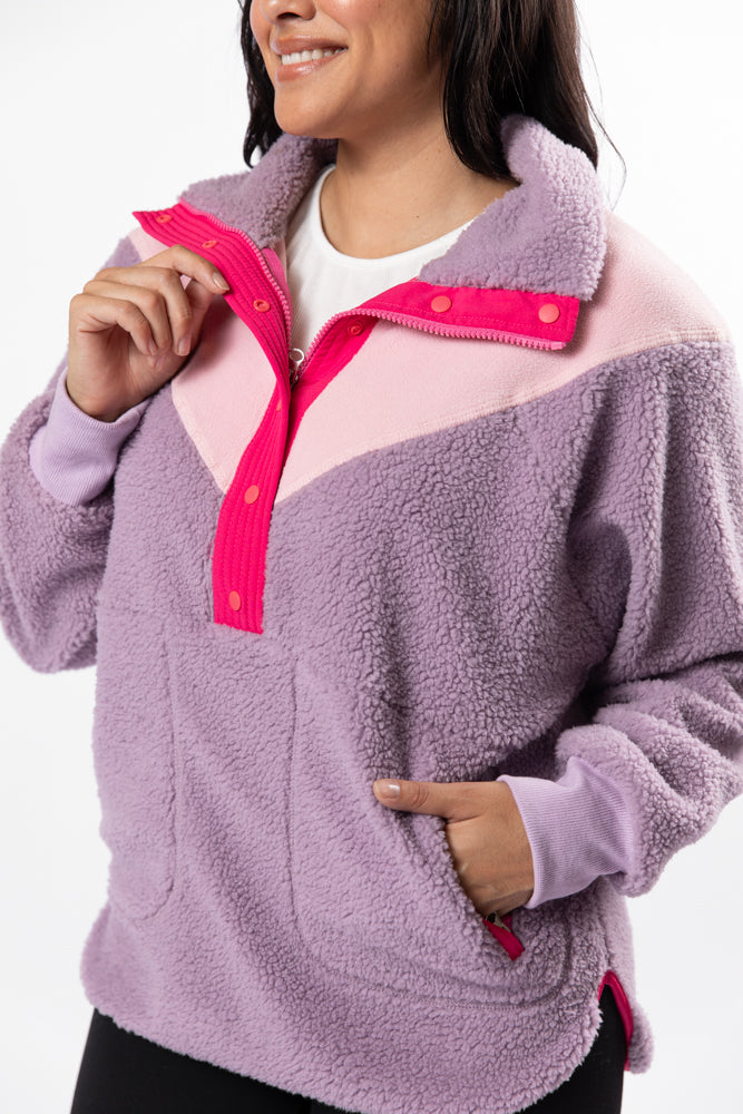 Good Feelings Purple Multi Colorblock Sherpa Pullover SALE Sale Get To Buy