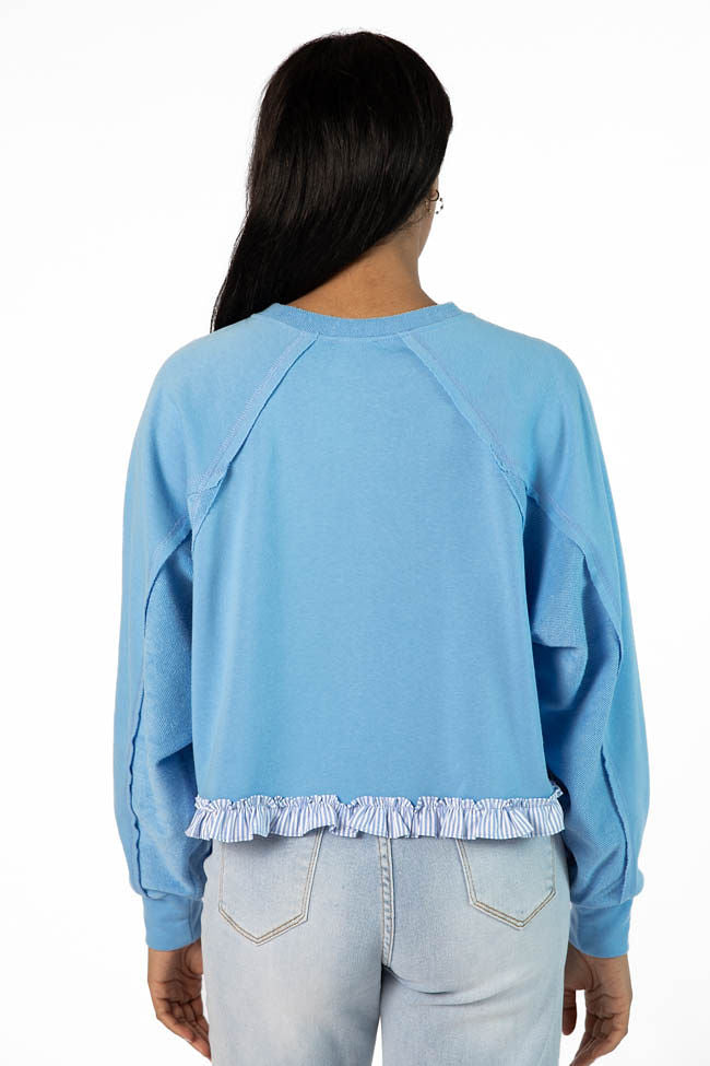 Away We Go Cropped Blue Stripe Ruffle Hem Crew Neck Sweatshirt Wholesale Pice Cheap Pice