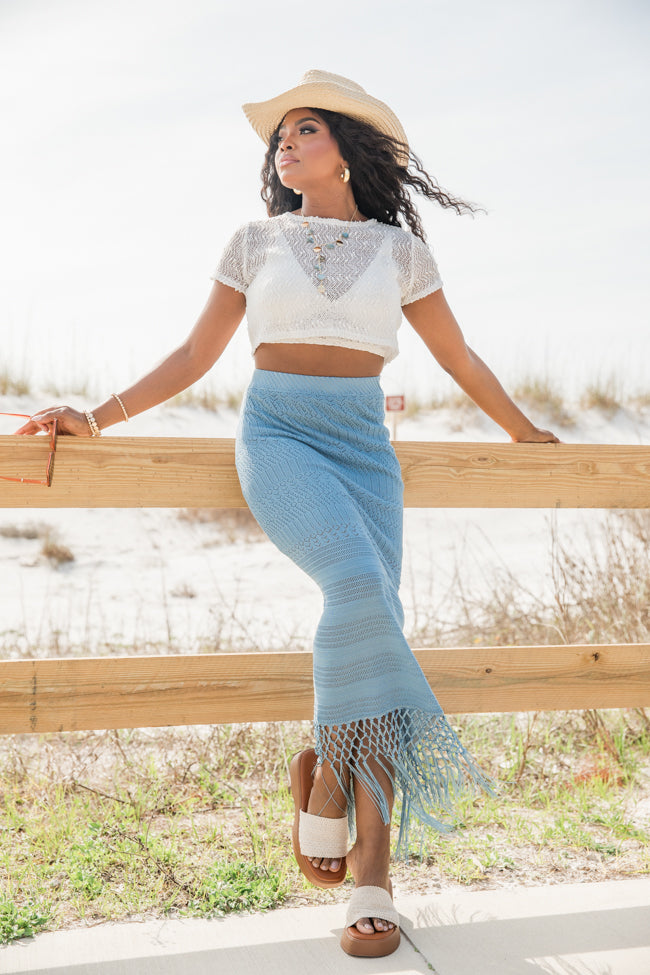 Clover Fields Blue Fringe Hem Knit Maxi Skirt Sale Outlet Locations