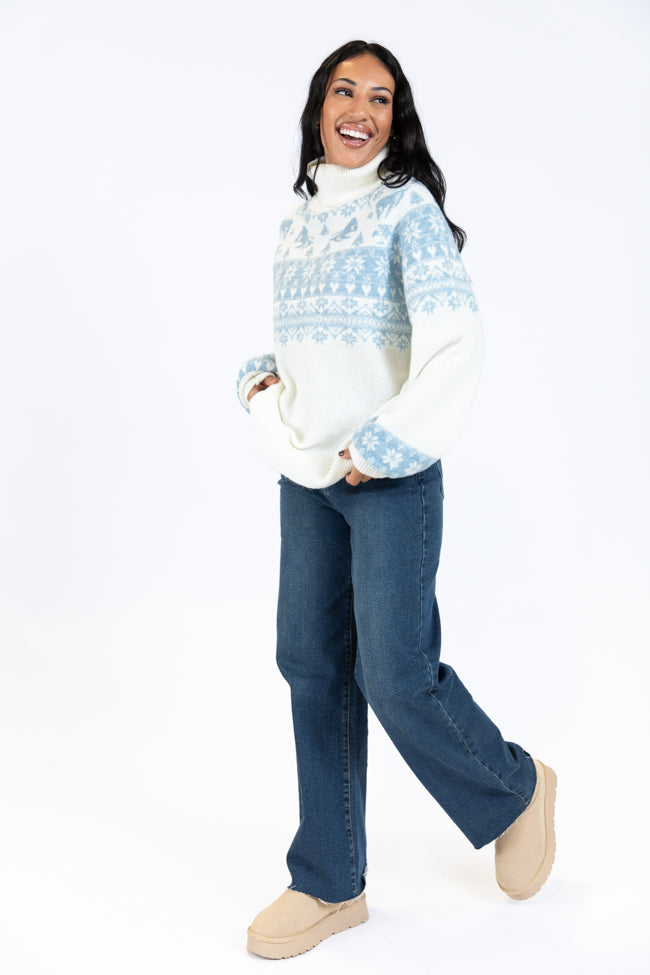 For The Best Ivory and Blue Ski Print Fair Isle Turtleneck Sweater SALE Cheap Usa Stockist