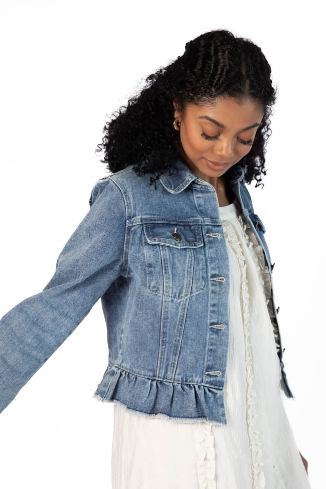 Denim Dreams Light Wash Peplum Detail Denim Jacket Cheap Sale Really