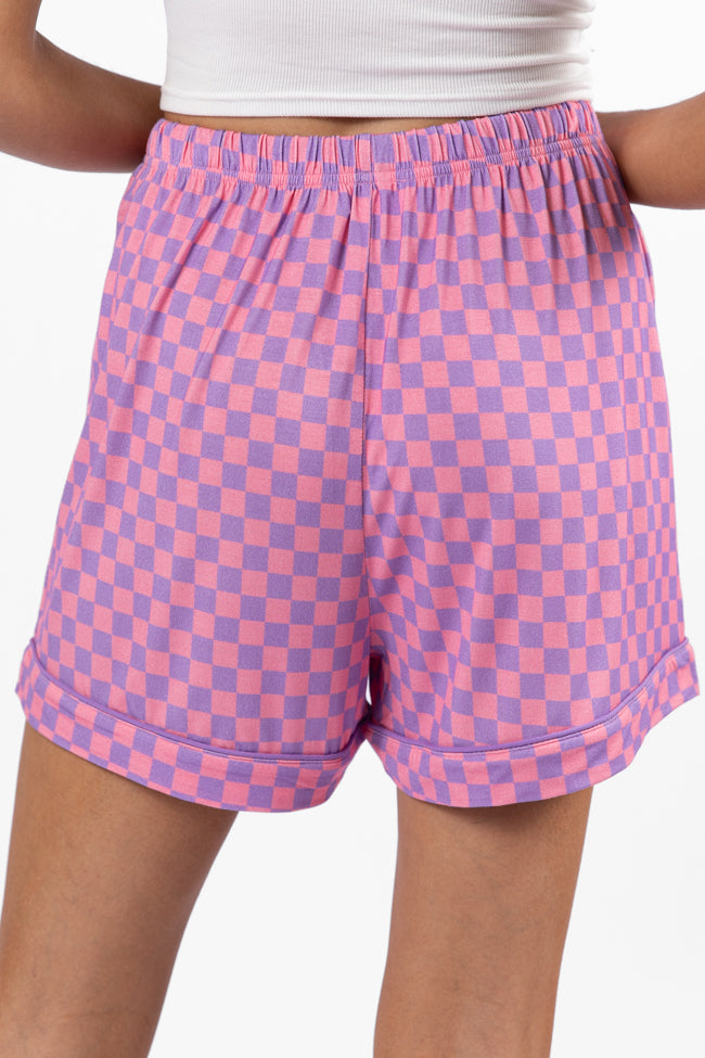 Good To Get Away Light Pink and Lilac Checkered Pajama Shorts Free Shipping Shop