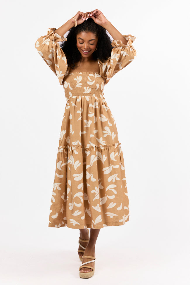 Swing Of Things Neutral Printed Smocked Midi Dress Hot Sale Online