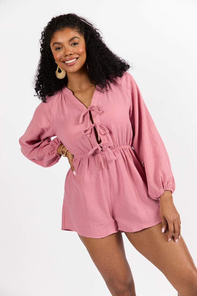 Endless Sunshine Pink Tie Front Long Sleeve Romper Low Pice Fee Shipping Sale Online