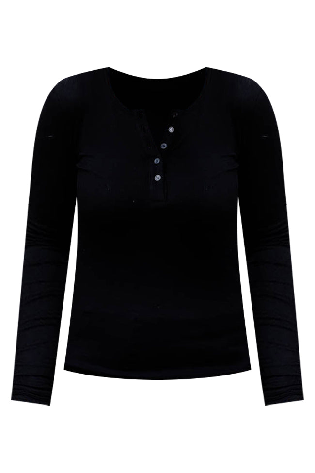 All The Better Black Ribbed Knit Henley Long Sleeve Tee Clearance Wholesale Pice