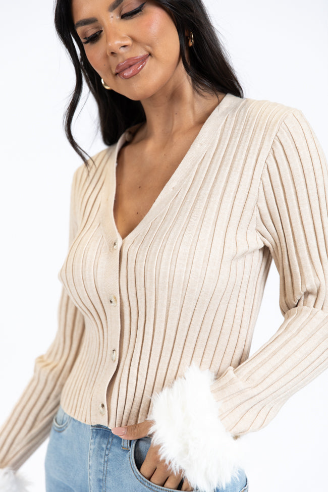 Fake It Until You Make It Beige Faux Fur Trim Cardigan Buy Cheap Clearance