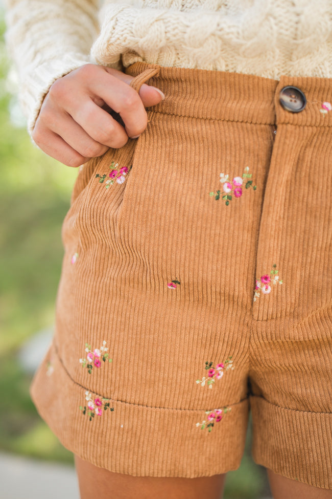 So Glad We're Buds Brown Floral Embroidered Corduroy Shorts FINAL SALE