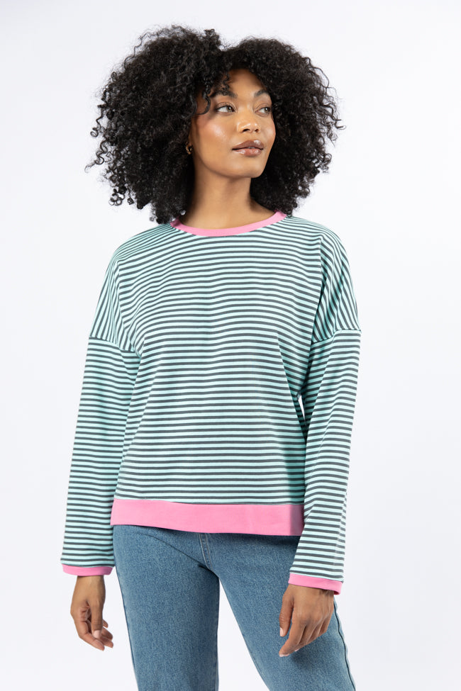 Think On It Pink, Navy, and Charcoal Striped Contrast Trim Pullover SALE Buy Cheap Shop