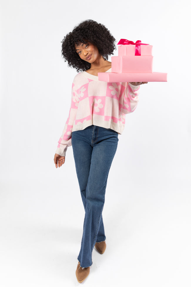 Found A New Way Pink V-Neck Checkered Flower Sweater SALE For Sale 2025