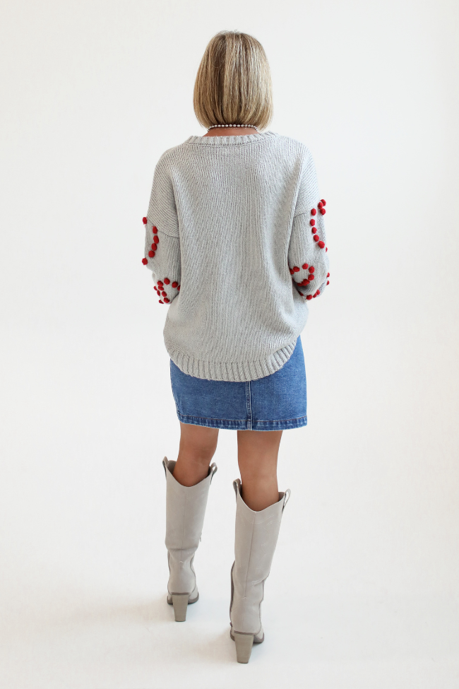 Adore You Grey and Red Oversized Heart Pom Sweater Kalee Rogers X Pink Lily FINAL SALE Explore Cheap Pice