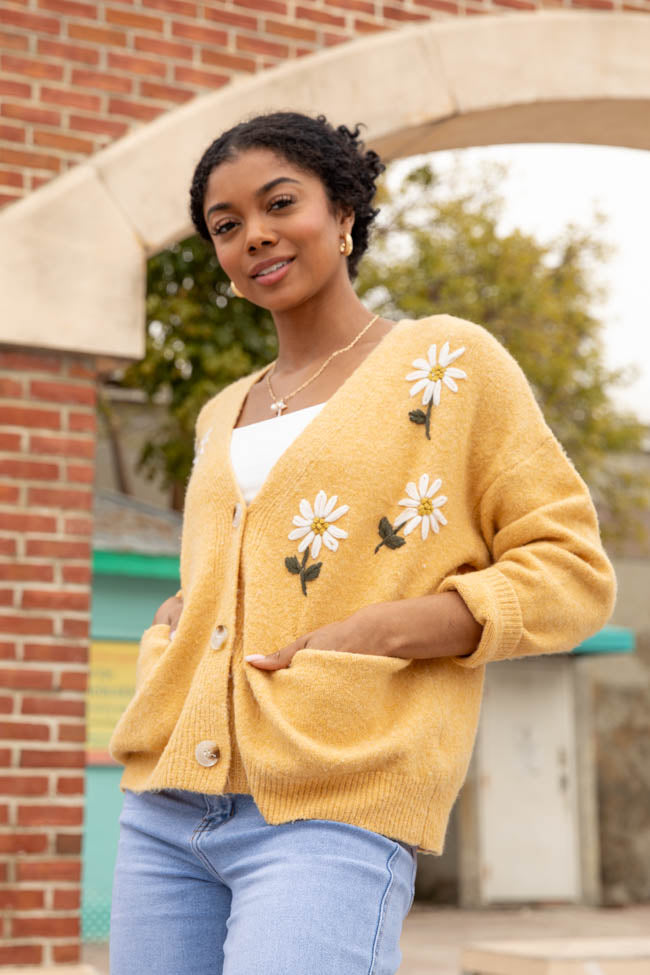 Fields Of Hope Mustard Floral Embroidered Cardigan Low Cost Online