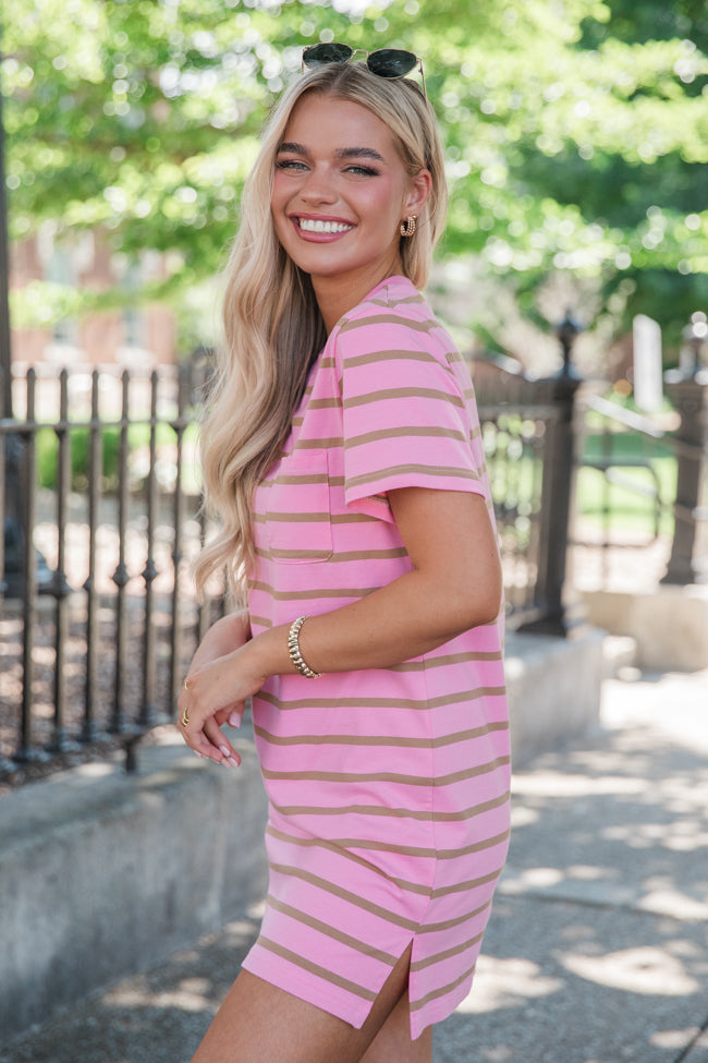 Never A Dull Moment Pink and Brown Striped T-Shirt Dress Cheap Sale Amazing Pice