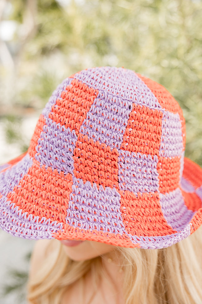 Orange And Pink Checkered Crochet Bucket Hat Big Discount Online