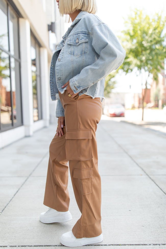 Follow My Lead Camel Faux Leather Cargo Pants FINAL SALE Outlet Footlocker Finishline