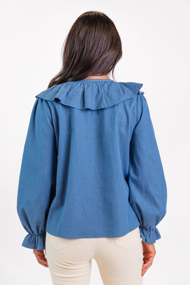 Feel This Way Medium Wash Ruffle Detail Chambray Blouse FINAL SALE Best Sale Cheap Pice