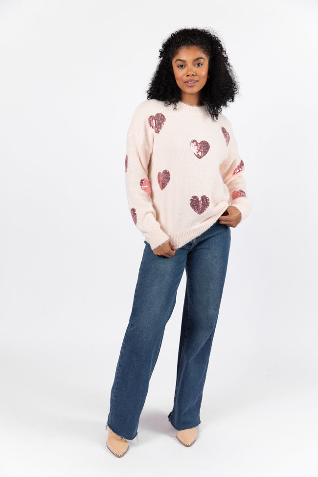 True Romance Blush Sequin Heart Sweater FINAL SALE Discount Low Cost