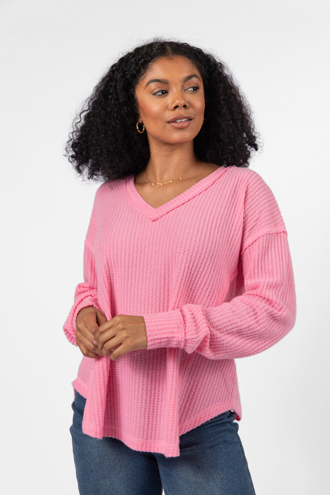 Idle Hands Pink Waffle Knit V-Neck Oversized Knit Top With Paypal Sale Online