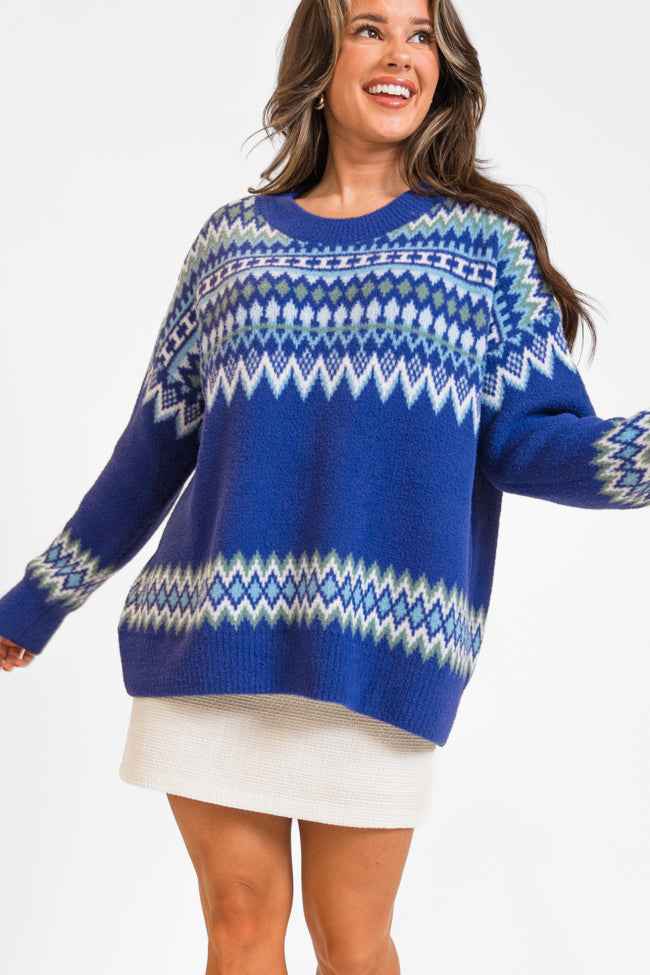 Bundled Up Navy Oversized Fuzzy Fair Isle Sweater FINAL SALE Outlet Purchase