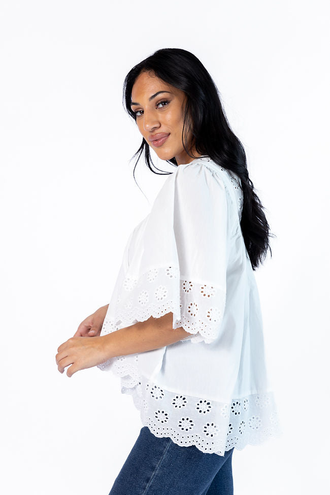 No Regrets Ivory Eyelet Detail Popover Short Sleeve Blouse Shop For Sale