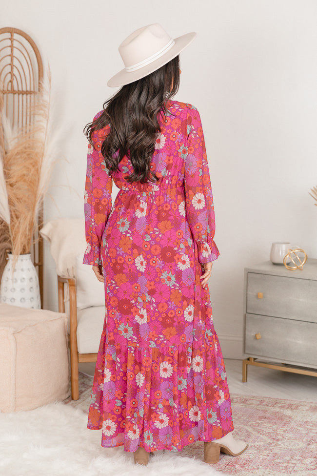 We're Not Done Pink Retro Printed Long Sleeve Maxi Dress FINAL SALE